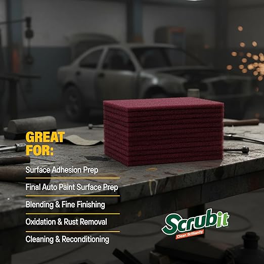 SCRUBIT 6 x 9 in. General Purpose Scuff Pads, Paint Primer Prep Adhesion Scratch Pads, Car & Woodworking Pads for Scuffing, Scouring & Sanding - Maroon (10)