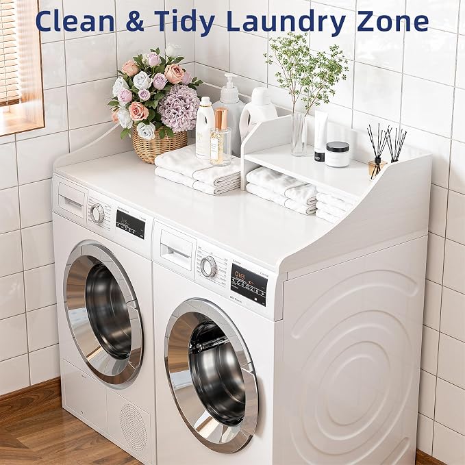 Memobarco 2 Tiers Washer Dryer Countertop, 54" Width x 27.5" Depth Laundry Countertop Organization, Wooden Washer and Dryer Topper for Folding, Sorting & Ironing, Easy to Install, White