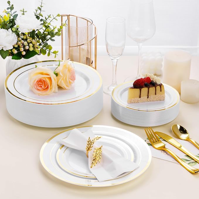 BESTSTAR 7 Inch White with Gold Rim Plastic Plates,100PCS Disposable Dessert/Appetizer/Small Cake Plates,Heavy Duty Plate Ideal for Wedding and Birthday