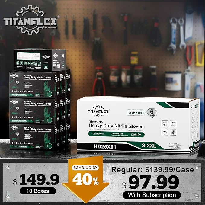 TitanFlex Heavy Duty Industrial Nitrile Gloves with Raised Diamond Texture, 6-mil, Latex Free (Dark Green)