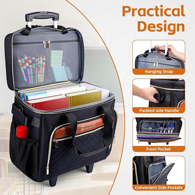 Rolling Teacher Bag with Detachable Cart - 1680D Waterproof Oxford Rolling Cart for Teachers, Large Capacity Tote with Wheels Fits 15.6" Laptop & Tablet(BLACK)