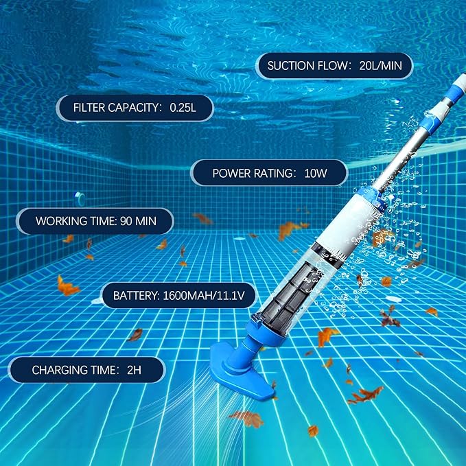 3 in 1 Cordless Rechargeable Swimming Pool Vacuum Head, Telescopic Pole Handheld Pool Cleaner for Spas, Inground Pool, Above Ground Pool and Hot Tubs, Cleaning Sand and Debris