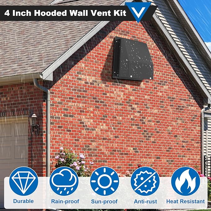 4 Inch Dryer Vent Cover, Hooded Wall Vent with Screen and Damper Galvanized Steel Vent Covers for Wall Black Air Exhaust Duct Outlet Cap Kit for Exterior Home Outdoor Laundry Room Ventilation