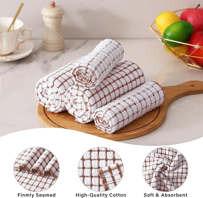 Kitinjoy Cotton 8 Pack Terry Kitchen Towels, 16 x 25 Inches Super Soft and Absorbent Dish Towels, Quick Drying Hand Towels for Kitchen Drying, Brown