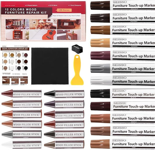 NEW Upgraded Furniture Repair Kit Wood Markers-Set of 24-Markers and Wax Sticks with Sharpener and black cloth Kit, Restore Nail Holes on Wood Furniture, Wood Marker Pens for Scratches, Molding Repair