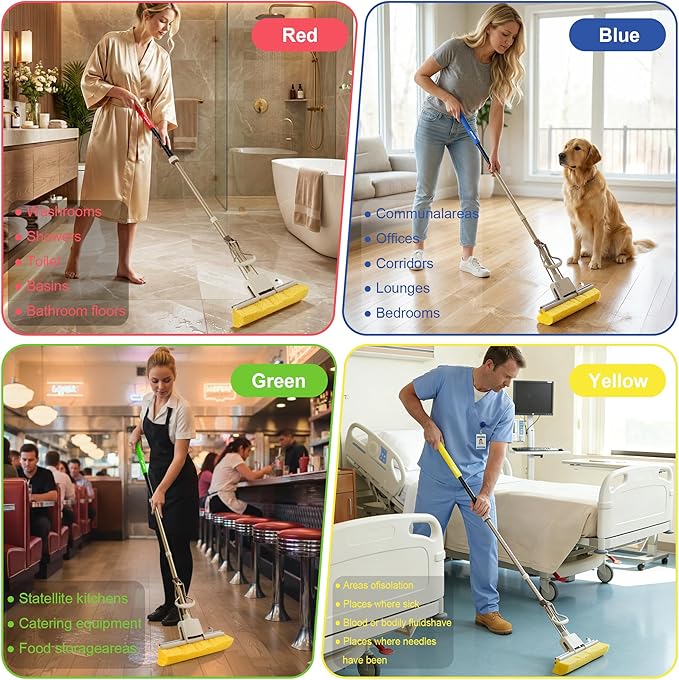 LILAC Cellulose Sponge Mop with 2 Replacement Heads, 4-Color Handle Choices for Zoned Cleaning, Super Absorbent Pop Up Roller Mop for Hardwood,Laminate Floors, Heavy Duty Floor Scrubber (Red)