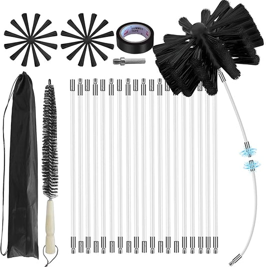 25Feet Chimney Sweep Kit,8 in Brush Head,Dryer Vent Cleaner Kit, Chimney Sweep&Chimney Cleaning Kit, Rotary Chimney Cleaning System for Flue/Fireplace/Sewage Pipe/Hood with 19 Nylon Flexible Rods