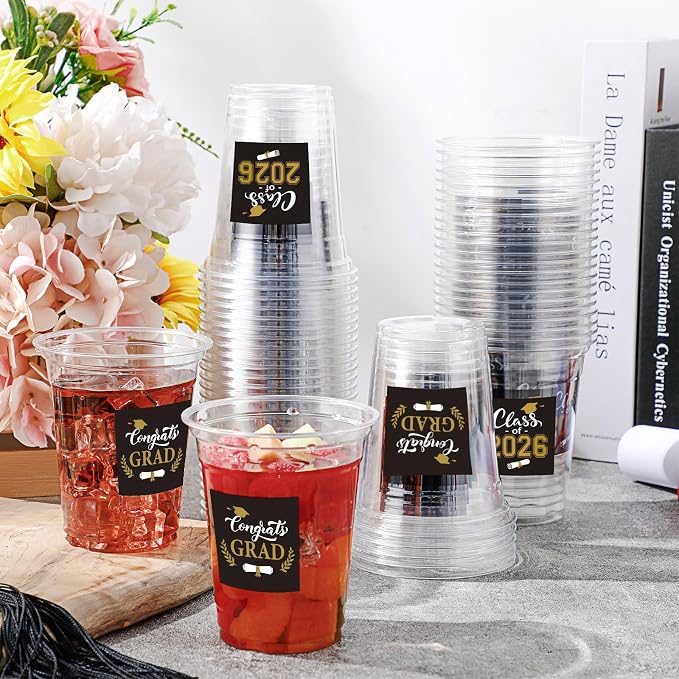Amyhill 60 Pack 12oz Graduation Cups 2026 Graduation Decorations Disposable Plastic Cups Sturdy&Durable Drinkware for Class of 2026 Decorations Congrats Grad Party Favors Supplies (Black)