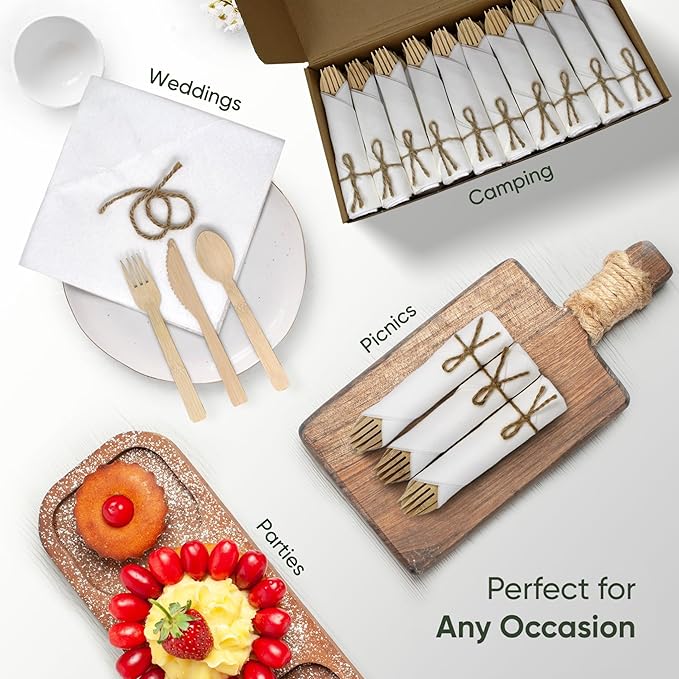 EcoPreps Premium Pre-Rolled Napkin and Bamboo Cutlery Set (50 Pack, 200 PCS) 100% Biodegradable, Eco-Friendly, Disposable Wrapped Cutlery - Includes Pre-Wrapped Bamboo Forks, Knives, Spoons, & Napkins