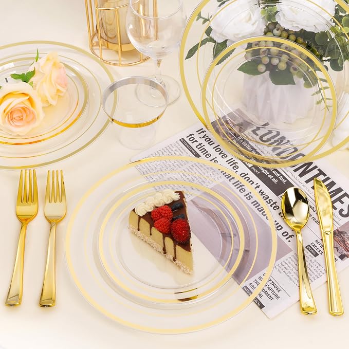 BESTSTAR 100PCS Clear Plastic Plates for Party, 10.25 Inch Disposable Plates with Gold Rim, Heavy Duty Dinner Plates for Wedding and Birthday