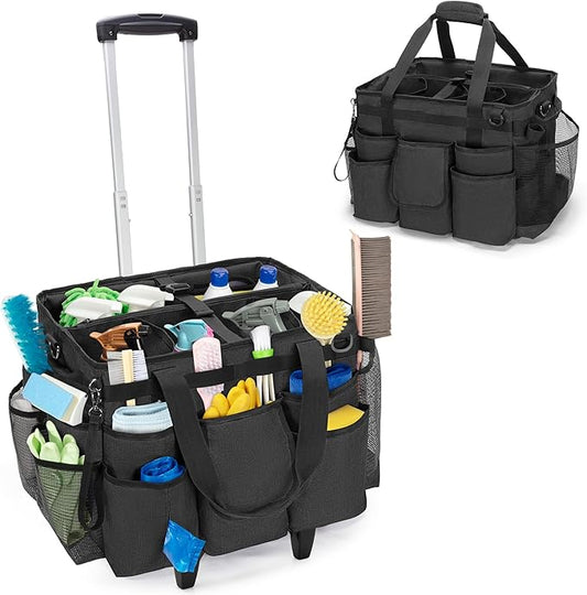 LoDrid Rolling Cleaning Bag with Detachable Trolley, Portable Cleaning Cart on Wheels for Supplies, Professional Caddy with Shoulder Strap for Housekeepers, Black (Patent Design)