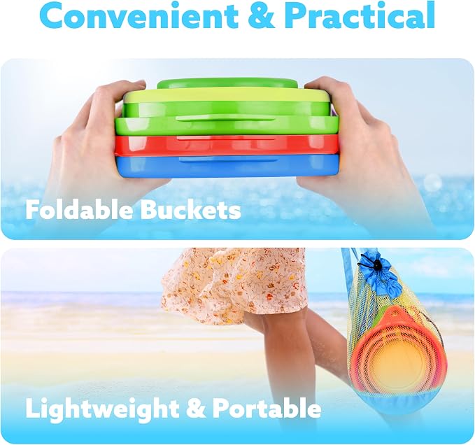 JOYIN 3 Packs Foldable Pail Bucket with Shovels & Mesh Bag, Collapsible Buckets Multi Purpose for Beach, Camping Gear, Beach Party, Fishing, and Fun Summer Activities (Orange/Blue/Green)