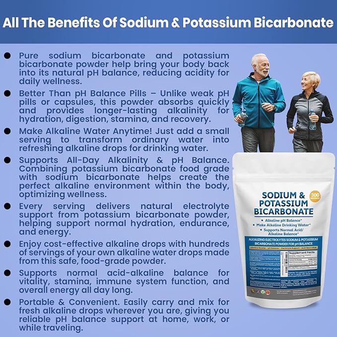 Sodium Bicarbonate Powder & Potassium Bicarbonate Powder pH Balance Supplement. Make Gallons of Alkaline Water Drops for Acid/Alkaline pH Balance, Stomach Immune Performance. Alkaline Drinking Water