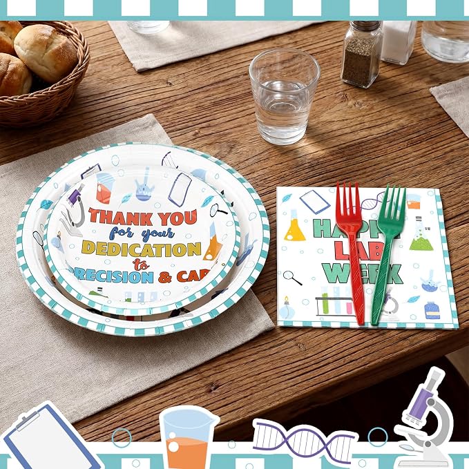 Remerry 96 Pcs Happy Lab Week Party Supplies Medical Laboratory Professionals Appreciation Plates and Napkins Set Decoration Thank You Laboratory Staff Disposable Plates for Lab Week Party Supplies