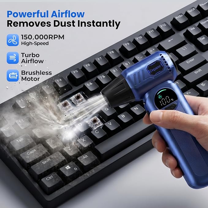 Cordless Electric Air Duster with Brushless Motor, Adjustable Airflow, 8000mAh Rechargeable for PC, Keyboard, Car & Home Cleaning (Blue)