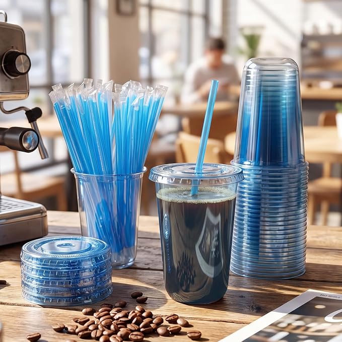 Ziliny 25 Sets Clear Round Bottom Plastic Cups with Lids and Straws, Cute Disposable Drinking Coffee Cups, for Christmas Valentine's Galentine's Day Party Wedding Birthday Supplies (16oz,Blue)