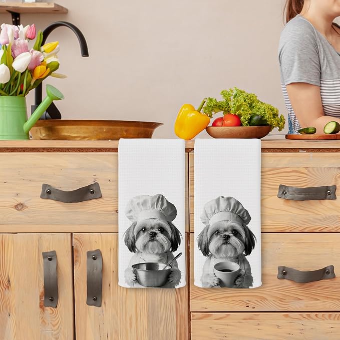 Funny Chef Shih Tzu Kitchen Towels Set of 2, Shih Tzu Dog Gifts for Women Dish Tea Towels for Kitchen, Dog Mom Lovers Owner Gifts Decorative Hand Towel, 16x24 Inch