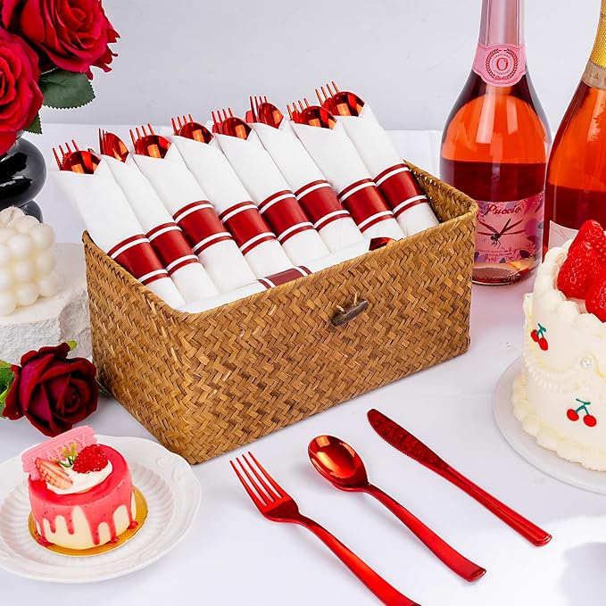 400PCS Pre Rolled Red Plastic Silverware Sets - Heavy Duty Red Cutlery - Include 100 Pack Wrapped Disposable Utensils with Napkins for Parties & Dinners & Weddings