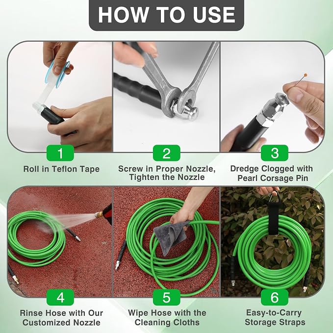 Sewer Jetter Kit for Pressure Washer 50 FT，Drain Cleaner Hose 1/4 Inch NPT Corner with Pressure Washer Tips, Button Nose and Rotating Sewer Jetting Nozzle, Spanner Teflon Tape Pearl Corsage Pin