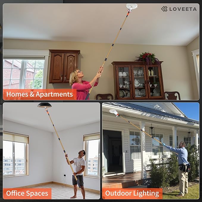 LOVEETA® Gen2 12Ft [18Ft Reach] Lightweight Extendable Light Bulb Changer Pole for High Ceilings – Telescopic Light Bulb Pole Changer with Bulb Gripper - Champagne Gold