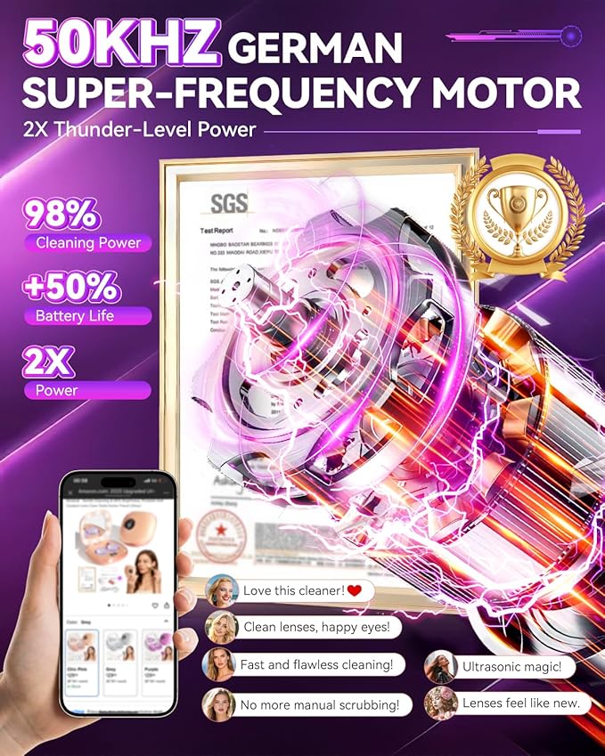 2025 Upgraded Ultrasonic Contact Lens Cleaner【50KHz Germany Super Motor】【Top1 Intelligent Chip-Smart Modes】【Rechargeable】 Gentle Cleaning & 99% Brightness, Portable Soft Contact Lens Tools (Chic Pink)