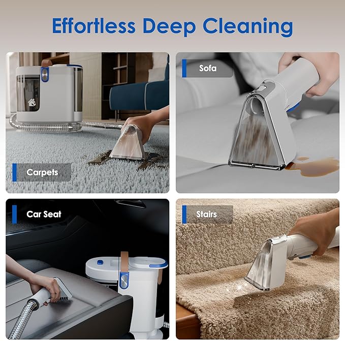 WURESE Portable Carpet & Upholstery Cleaner – 15KPa Powerful Spot Cleaner for Pet Urine, Couch, Stairs & Car Seats – Handheld Deep Cleaning Machine with Self‑Cleaning System & 2 Tools, Blue