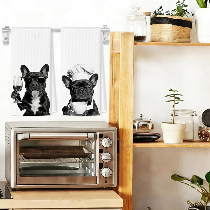 Funny French Bulldog Kitchen Towels Set of 2, Dog Kitchen Bar Accessories, Dog Chef Gifts for Women Decorative Hand Towels for Kitchen Decor, French Bulldog Lovers Dish Tea Towel, 16x24 Inch