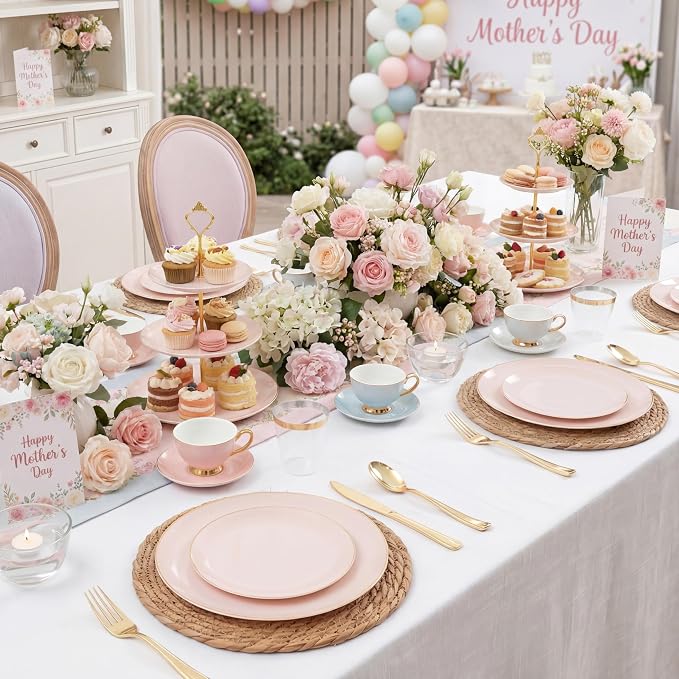 KIRE 175PCS Pink Plates Disposable - Heavy Duty Pink and Gold Plastic Plates Dinnerware Sets - 25 for Dinner 25 for Dessert 25 Pre Rolled Napkins 25Cups for Spring/Wedding/Party/Baby Shower
