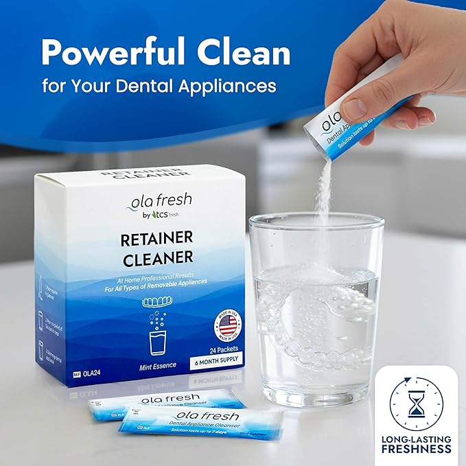 TCS Fresh Retainer Cleaner – Powder Solution for Denture, Aligner, Nightguard, Mouthguard & Retainer – Mint Essence Flavor, 24 Packets (6 Month Supply)
