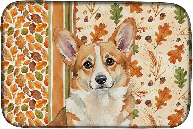 Caroline's Treasures Corgi Heirloom Fall Dish Drying Mat Absorbent Dish Drying Mat Pad for Kitchen Counter Dish Drainer Mat for Countertop, 14 x 21", Multicolor