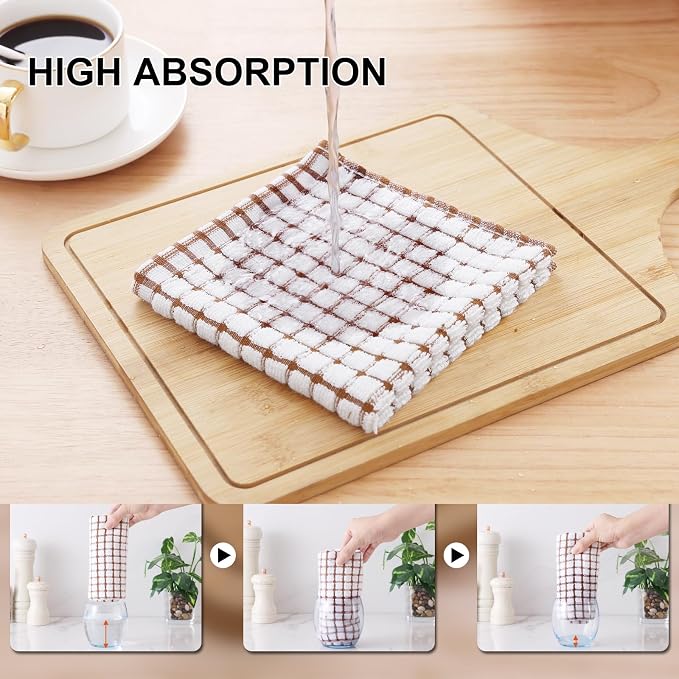 Kitinjoy Cotton 12 Pack Terry Kitchen Towels, 16 x 25 Inches Super Soft and Absorbent Dish Towels, Quick Drying Hand Towels for Kitchen Drying, Brown