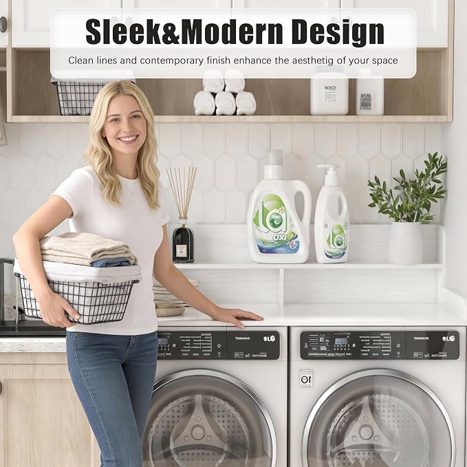 Piskyet Washer Dryer Countertop,2- Tier Laundry Countertop with Edge Rails,27.5" Depth x 54" Wood Countertop,Laundry Machine Topper for Laundry Room Organization and Storage(White)