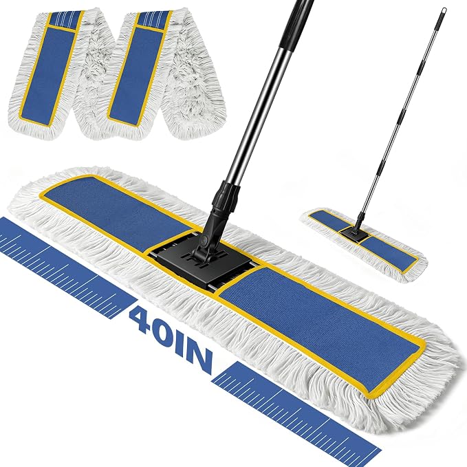 MASTERTOP 40" Commercial Dust Mop for Floor Cleaning, Heavy Duty Flat Mop | Industrial 64" Long Handle Push Broom with 2 Cotton Pads for Hardwood, Tile, Laminate, Concrete, Warehouse & Gym Cleaning