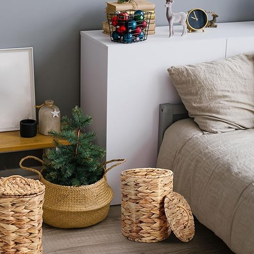 Ctosree 1.3 Gallons Small Trash Can with Lid Handle Boho Woven Braided Bathroom Waste Basket Trash Can with 100 Garbage Bags for Bedroom Office Laundry (Natural, Braided Wicker, Round)