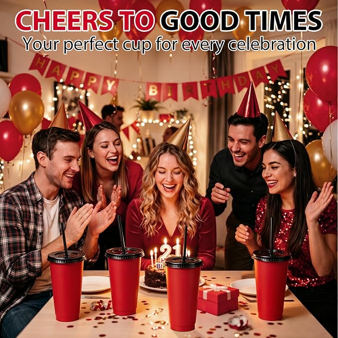 Honeydak 30 Pack Tumbler with Straw and Lid Bulk Cups for Gifts Water Bottle Iced Coffee Travel Mug Cup Reusable Plastic Tumblers for Party Birthdays 24-27 oz (Red and Black)