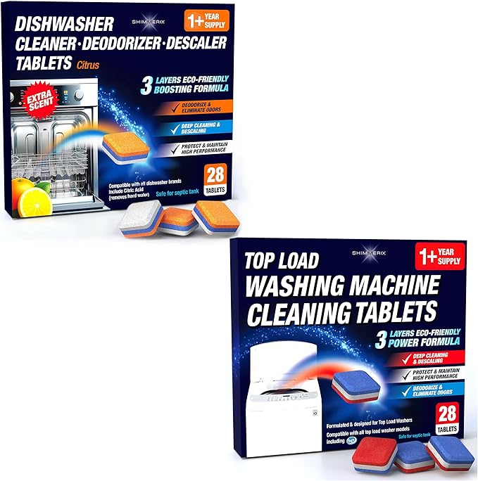 Washing Machine Cleaner Tablets Top Load 28 Pack & Dishwasher Cleaner Deodorizer Descaler Tablets 28 Pack Bundle - 1 Plus Year Supply - Septic Safe Eco Friendly Formula