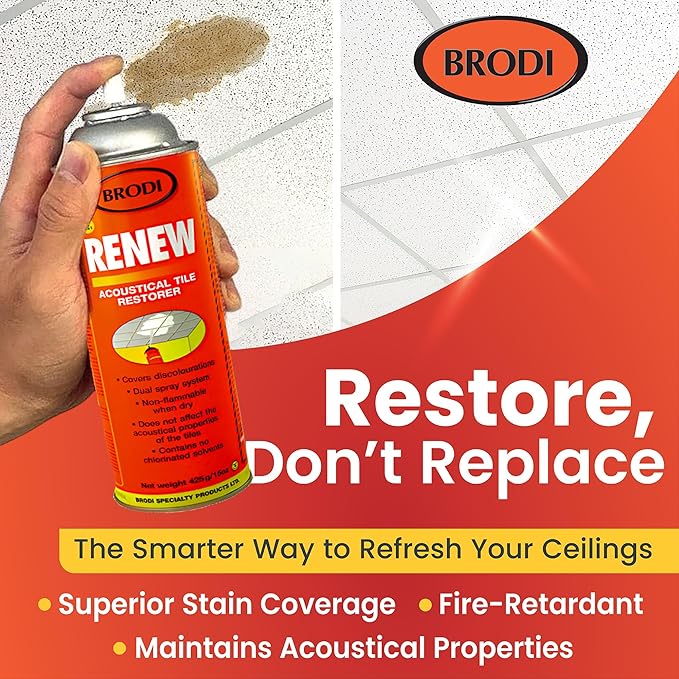 Renew Ceiling Tile Spray Paint, Commercial-Grade, Conceals Water & Smoke Stains, Fire-Retardant, Preserves Acoustics (Pack of 1)