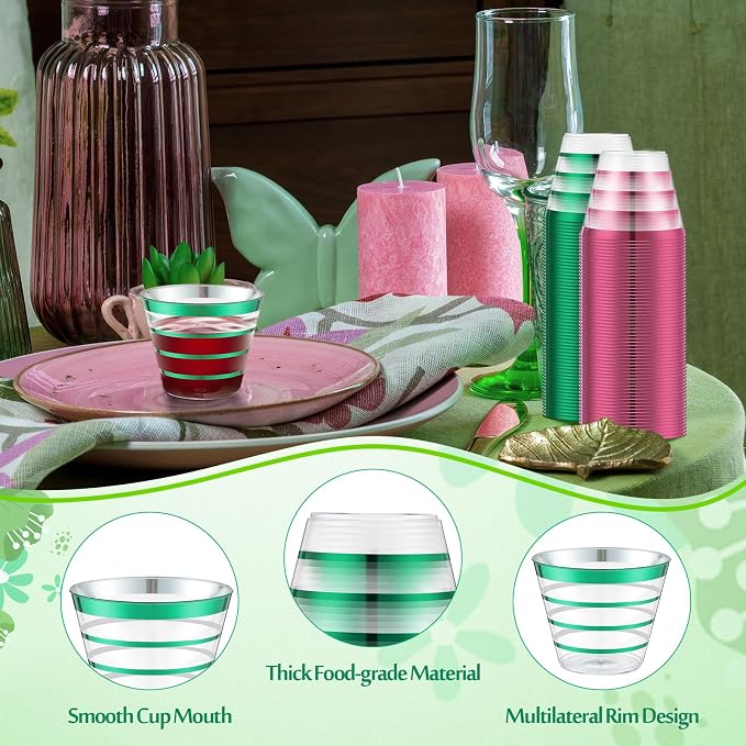 Gejoy 9 oz 50 Pcs Sorority Party Rimmed Stripe Plastic Cups Bulk Disposable Wine Hard Plastic Sisterhood Drinking Cocktail Cups Tumblers for Wedding Gathering Party Supplies(Green and Pink)