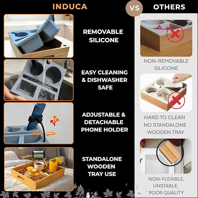 Couch Caddy with Cup Holder | Wood Couch Cup Holder Tray for Drinks, Snacks & Remotes | Couch Tray for Bed, Car Seat & Beach Organizer (Grey)