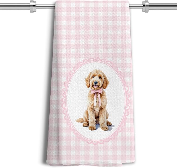 Coquette Pink Bow Goldendoodle Dog Kitchen Hand Towels for Bathroom, Golden Doodle Gifts Women, Coquette Pink Goldendoodle Dog Girly Bathroom Kitchen Decor, 16x24 Inches
