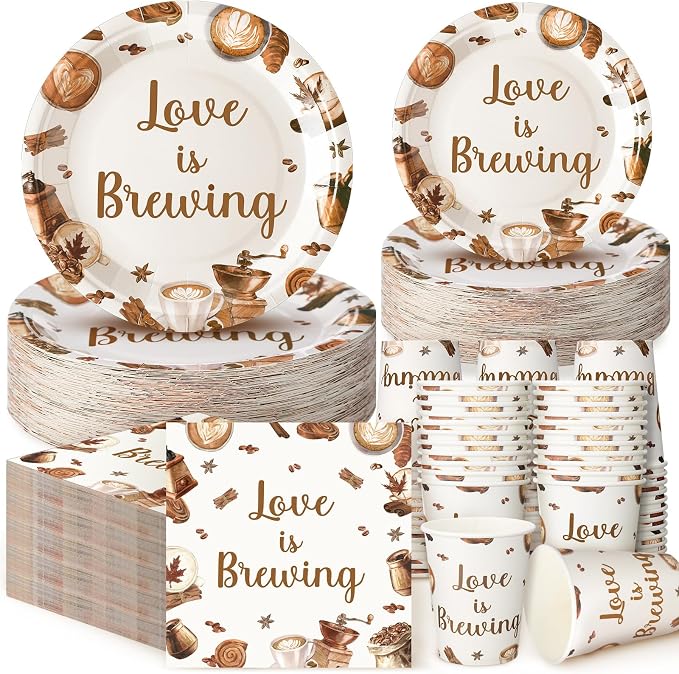 Zhehao 200 Pcs Bridal Shower Plates Napkins Sets Love is Brewing Coffee Bridal Shower Decoration Wedding Shower Decorations Wedding Paper Plates Engagement Bachelorette Supplies, Serve 50