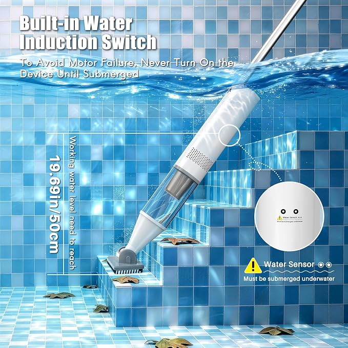 Cordless Pool Vacuum, Handheld Rechargeable Pool Cleaner, Powerful Suction, Extendable Pole, 90 Min Runtime for Above-Ground & Inground Pool, Spa, Hot tub
