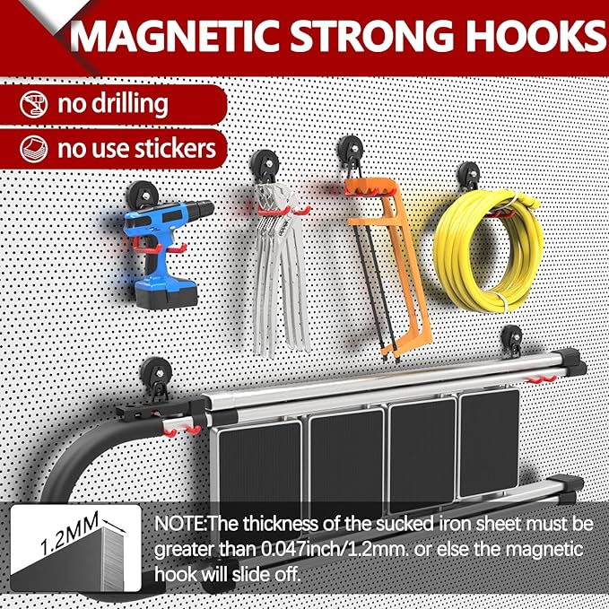 3-H Extra Strong Magnetic Hooks,Heavy Duty Large Anti-Slip Magnet Hooks U Shape,No-Drill Tool Holder for Garage,Power Drill,Garden Tools,Hose Storage,4 Pack Red