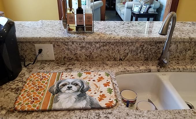 Caroline's Treasures Grey and White Tibetan Spaniel Heirloom Fall Dish Drying Mat Absorbent Dish Drying Mat Pad for Kitchen Counter Dish Drainer Mat for Countertop, 14 x 21", Multicolor