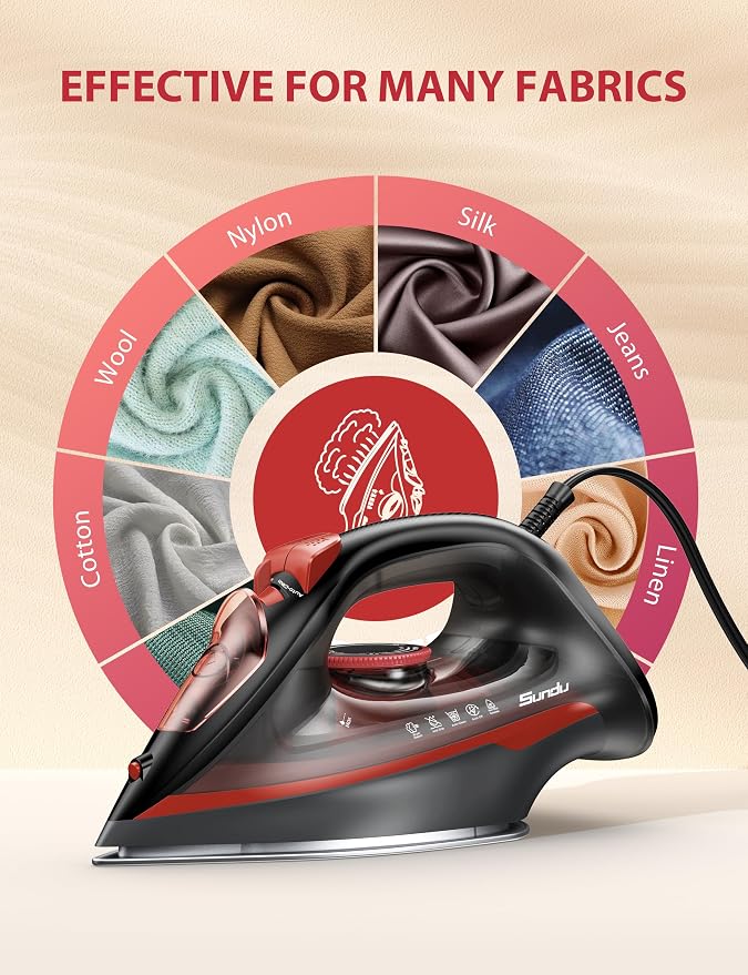 Sundu Steam Iron for Clothes with Rapid Heating Ceramic Coated Soleplate, 1500W with Precise Thermostat Dial, Self-Cleaning, Auto-Off, 15.21oz Water Tank for Home Clothes Ironing Use, Red
