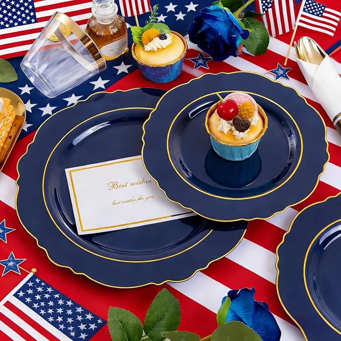 Liacere 350PCS Navy Blue Plastic Plates-Disposable Blue Gold Plates 50guest Plastic Dinnerware include 100Plates,50Pack Pre Rolled Napkins with Silverware 50Cups for Graduation & Independence Day