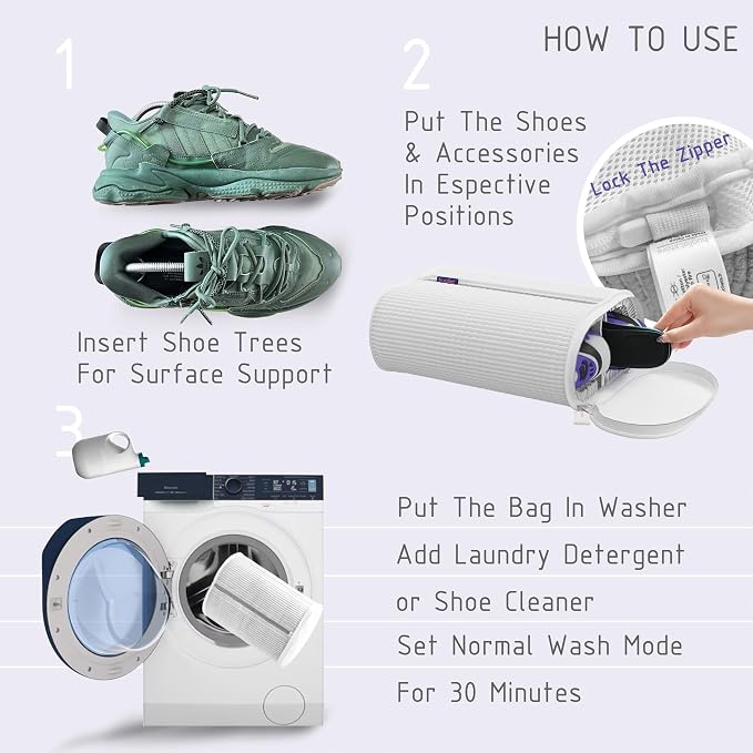Shoe Washing Machine Bag - Shoe Bag for Washing with Adjustable Shoe Trees, Laundry Shoe Bag for 2 Shoes, Fluffy Fiber, Wrap-around Cleaning in washer and dryer, Durable Zipper, White