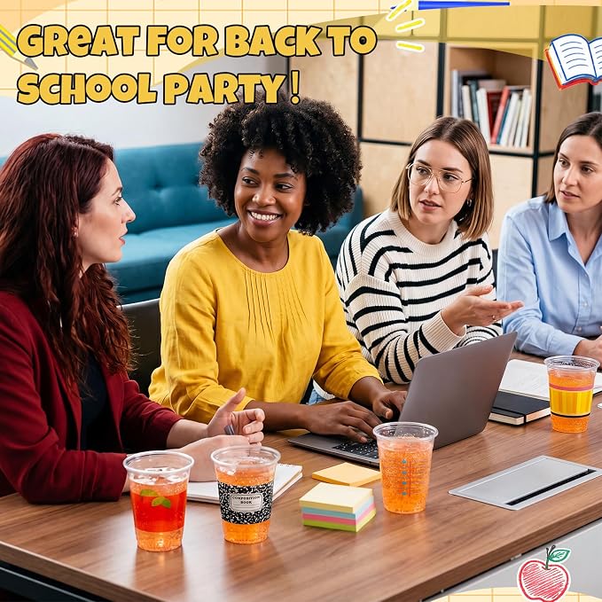 Funnymoom 60 Pcs Back to School Plastic Cups 12oz Composition Notebook Yellow Pencil Disposable Drinking Cups for First Day of School Graduation Teacher Appreciation Party Decoration Supplies