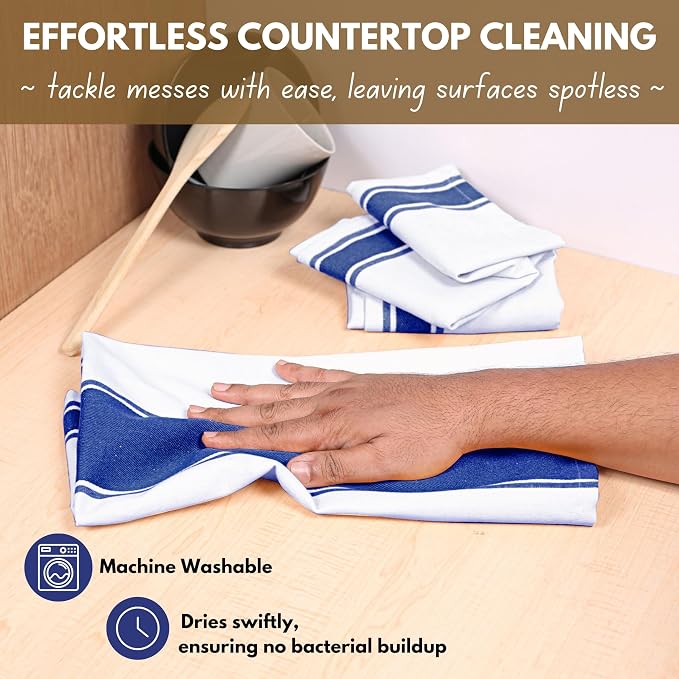 Native Fab Blue Kitchen Towels 18x28 Inch, Set of 12, Wide Stripe, Super Absorbent, Quick Dry, Soft, 100% Cotton Dish Towels for Wiping Hands, Drying Dishes, Cleaning Dishcloths Set - Ink Blue