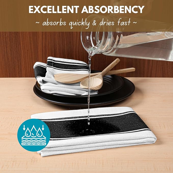 Native Fab Black Kitchen Towels 18 x 28 Inch, 6 Pack, Wide Stripe, Super Absorbent, Fast Dry, Soft, Cotton Dish Towels for Wiping Hands, Drying Dishes, Counter Cleaning Dish Cloth Set - Black